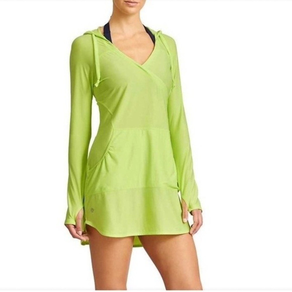 Athleta Womens Lime Green Hooded Tunic Long Sleeve V-Neck Pocket Shirt‎ Small